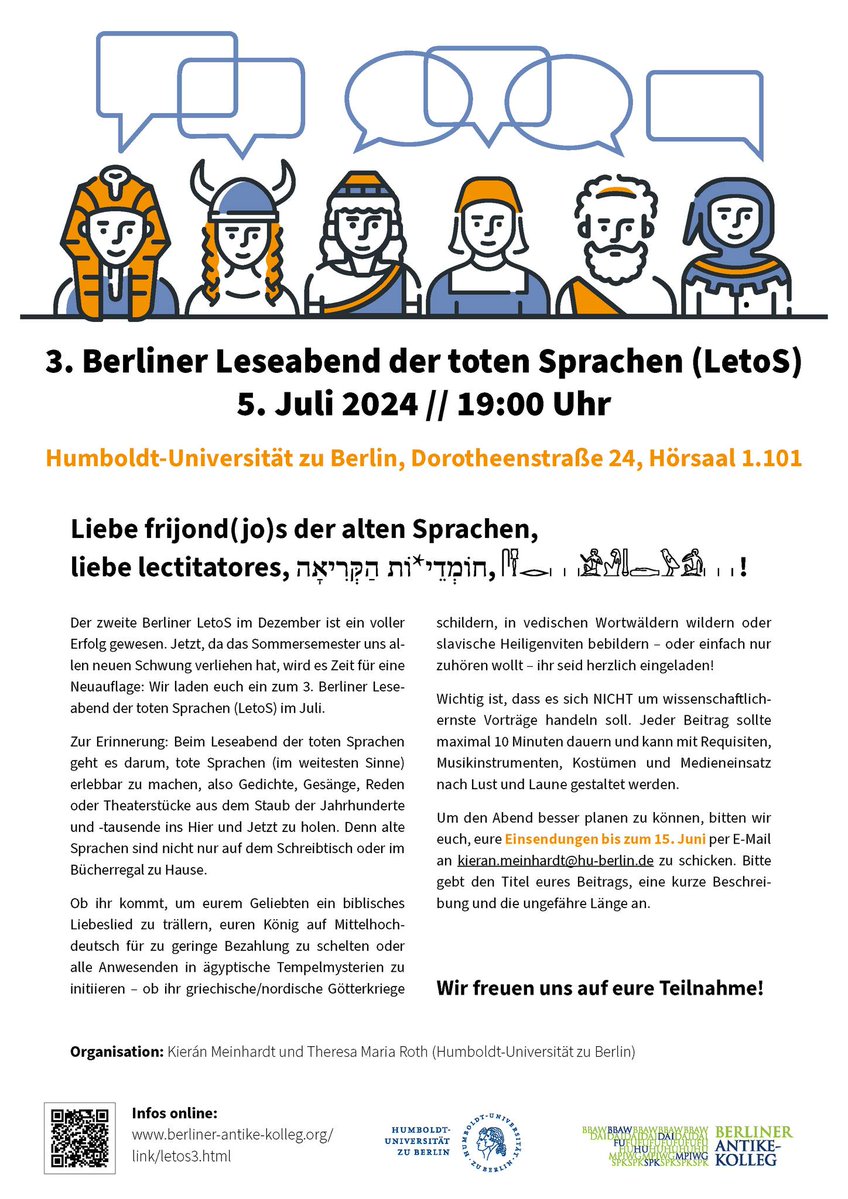 Der Berliner Leseabend der toten Sprachen (LetoS) geht in die 3. Runde! Du bist sprachbegeistert und möchtest Deinen Lieblingstext am 5.7. präsentieren? Dann bewirbt Dich mit Deinem Vorschlag bis zum 15.6.: lmy.de/djBat. Wir freuen uns auf Dich! @HumboldtUni