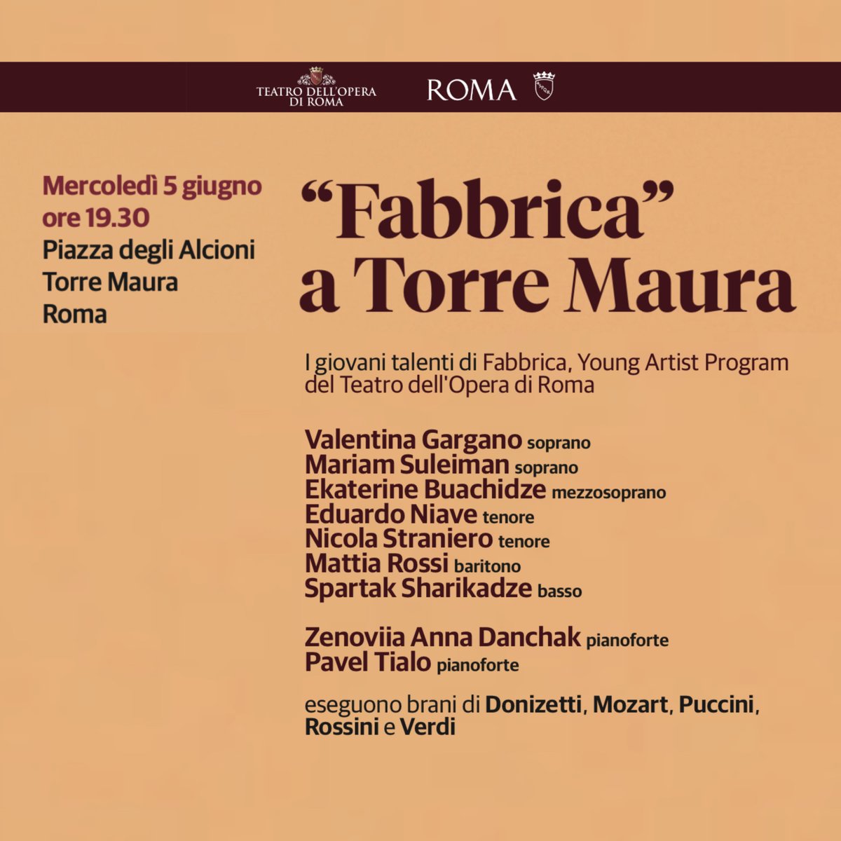 Due concerti gratuiti di @OperaRoma. 📍Questa sera alle 19.30 in piazzetta di Parco Leonardo Sinisgalli, i vincitori di “Voci in Barcaccia. Largo ai giovani!”. 📍5 giugno, 19.30, piazza degli Alcioni, i giovani talenti di “Fabbrica – the young artist Program”. #VisitRome @Roma