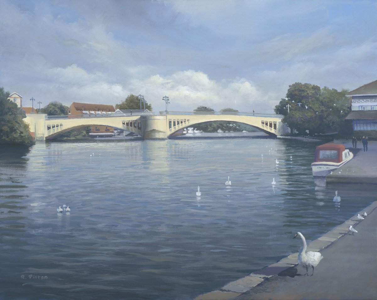 Caversham Bridge.  Oil on Canvas. 20' x 16'
Prints, cards etc of this painting are available on the website-redbubble.com/i/art-print/Ca…