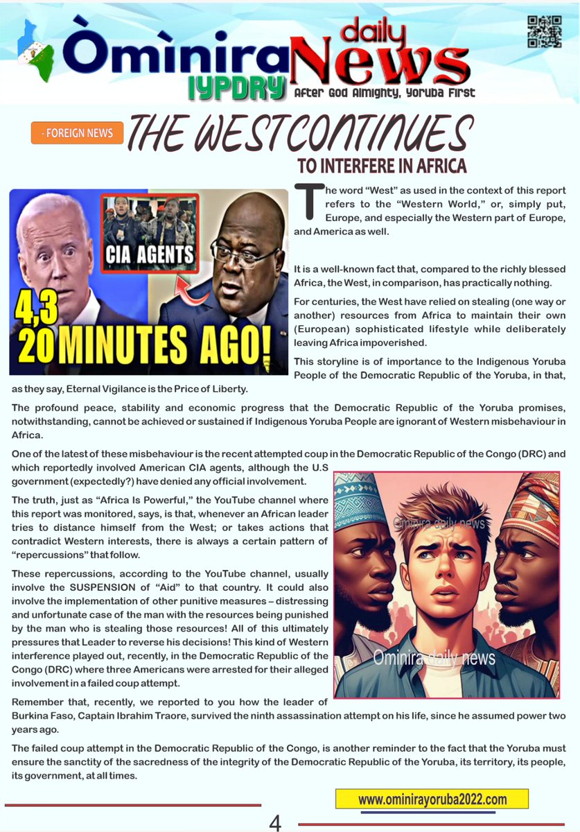 OMINIRA IYPDRY DAILY NEWS VOL.24 (FRIDAY MAY 24, 2024)
#YorubaNation 
#DemocraticRepublicOfTheYoruba 
#ProvisionalGovernment 
#OminiraYoruba2022 
#dryiyp2022
#IndigenousYorubaPeople 
#MOA
#BBOmoYoruba