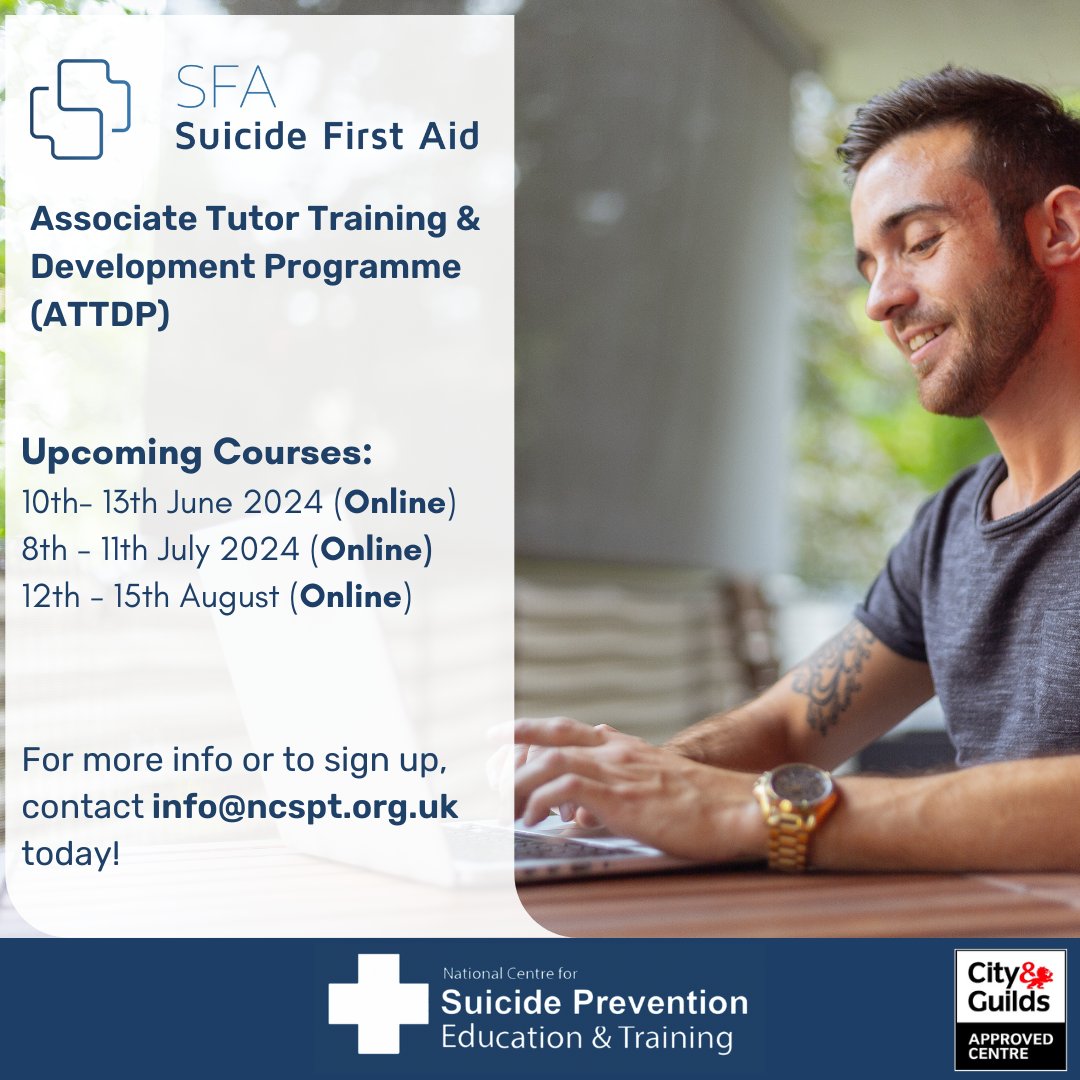NCSPET_UK's tweet image. 📢 Spaces Still Available:
10th - 13th June 2024
8th - 11th July 2024
12th - 15th August 2024
(All online via Zoom)

To learn more about this course or apply, please contact info@ncspt.org.uk today!

#SFA #suicideprevention #tutortraining #mentalhealth #mentalhealthmatters