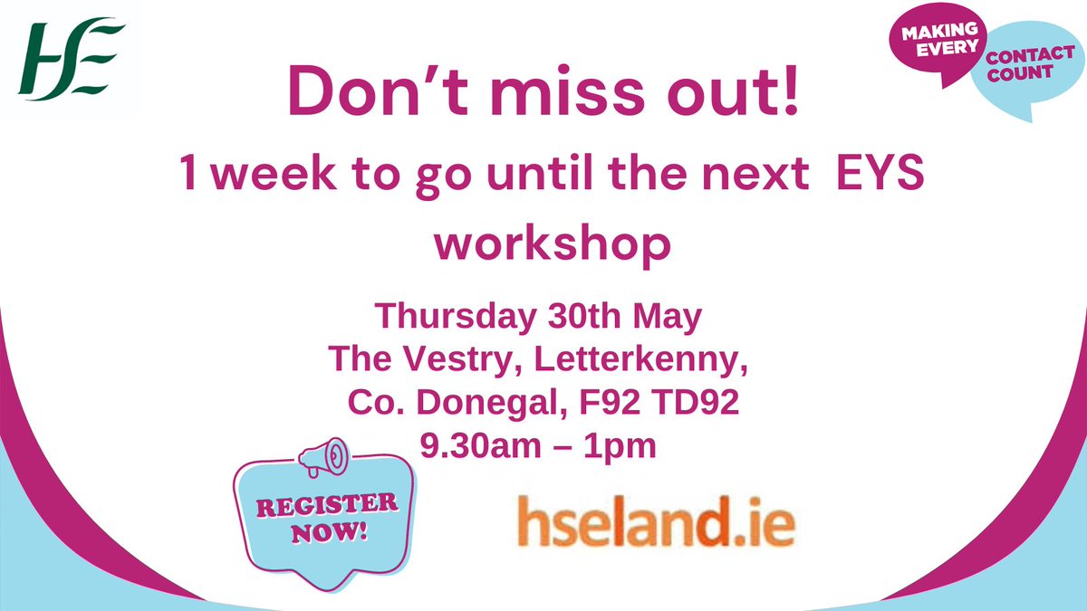 There's still time 🕞 Sign up today for a place on the MECC Enhancing Your Skills Workshop on 30th May in Letterkenny. Search for ‘EYSCHO1’ @HSeLanD to secure your spot. To find out more, contact Lynda McGuinness @ lynda.mcguinness@hse.ie
