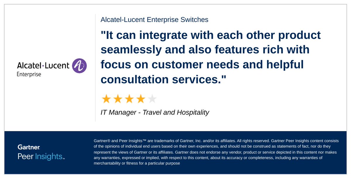 IT Manager in the Travel and Hospitality Industry gives Alcatel-Lucent Enterprise Switches 4/5 Rating in Gartner Peer Insights™ Enterprise Wired and Wireless LAN Infrastructure Market. Read the full review here: gtnr.io/EOGnNu2fo #gartnerpeerinsights