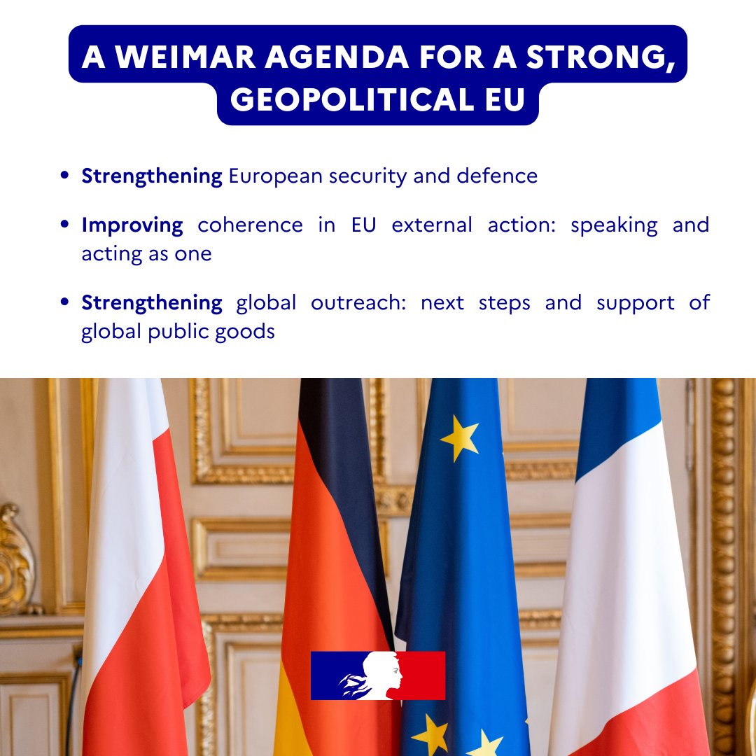Discover the three main priorities of the Weimar Agenda for a strong, geopolitical European Union ⬇️ Read the joint statement by the Foreign Ministers of 🇫🇷🇩🇪🇵🇱 ➡️ fdip.fr/RSNzqL9Q