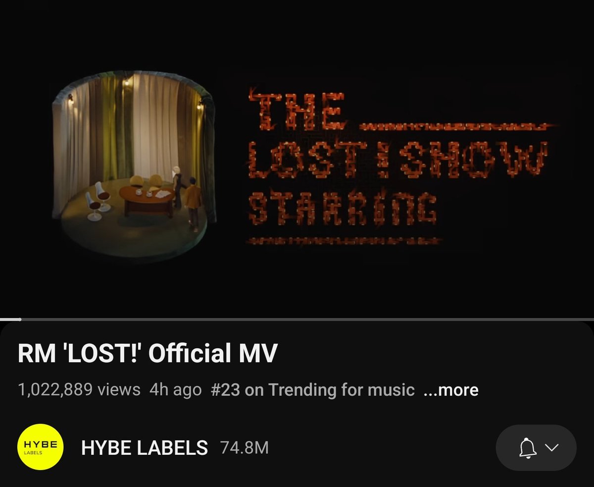 BTStreamSociety's tweet photo. YOUTUBE I #RM_LOST MV COUNT: 
as of 4:45 PM PHT - 4th hour -

🌐 Global
💻 VIEWS - 1,022,889
👍 457k
🔴 23 on Trending for Music

1M views and counting. Keep streaming #BTSARMY !

#RightPlaceWrongPerson
#BTS
@BTS_twt https://t.co/Pu919BhpwG
