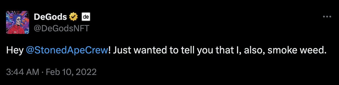 Hey, <a href="/frankdegods/">Frank</a> - just wanted to tell you that we are puffin' again.

And we're to pass you the J - let's get <a href="/DeGodsNFT/">DeGods</a> &amp; <a href="/y00tsNFT/">y00ts</a> into Space Missions - gonna be fun. Puff Puff Pass 🤌💨