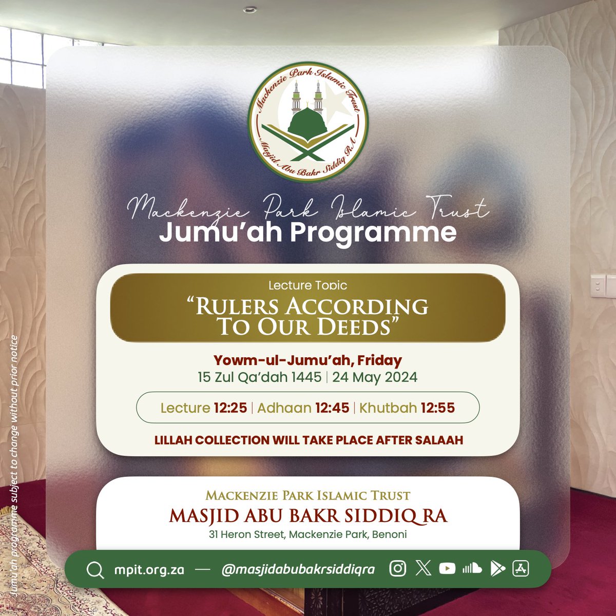 masjidabubakr_'s tweet photo. 🕌 Jummah Lecture Programme 
•
•
•
#mpit #masjidabubakrsiddiq #islam #jummah #friday #love #peace #inspirational #motivation #muslim #mackenziepark #benoni https://t.co/ANzIs9eYkN