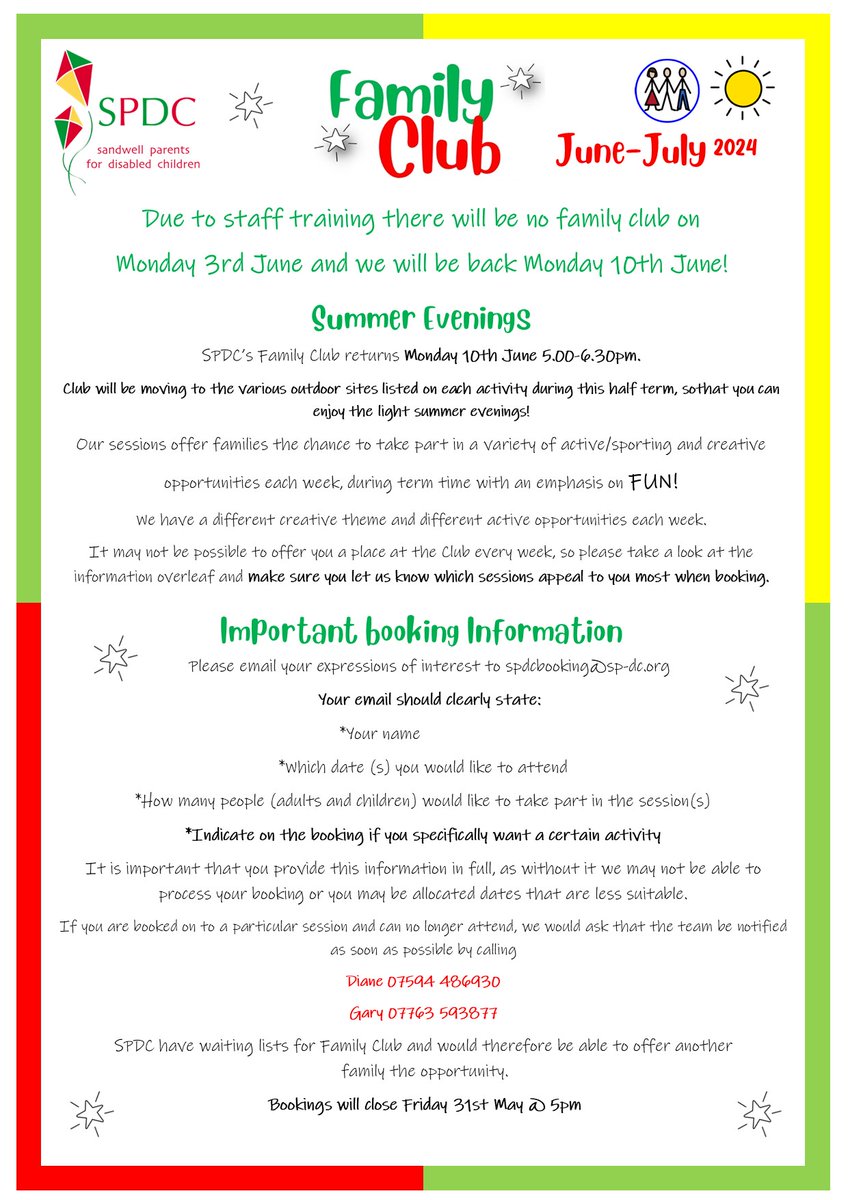 S_P_D_C's tweet photo. Family Club SPDC June-July 2024 ❤️💛💚

Please notice that due to staff training there will be no club on Monday 3rd June.

All bookings MUST be emailed to spdcbooking@sp-dc.org

Thank you
@sandwellcouncil @sandwellct @SCVOSandwell @VoicesParents https://t.co/WsVxIjmh7z