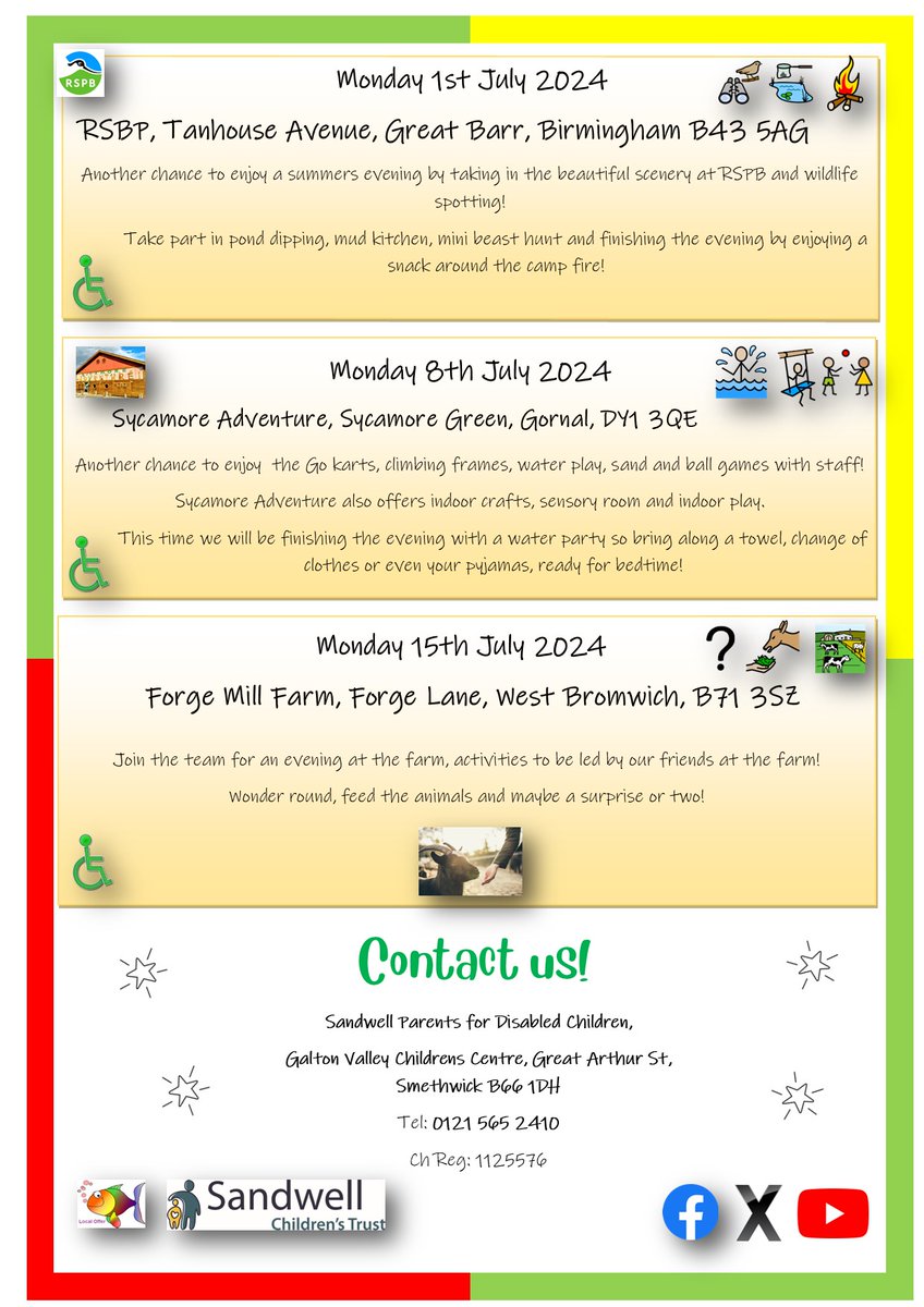 S_P_D_C's tweet photo. Family Club SPDC June-July 2024 ❤️💛💚

Please notice that due to staff training there will be no club on Monday 3rd June.

All bookings MUST be emailed to spdcbooking@sp-dc.org

Thank you
@sandwellcouncil @sandwellct @SCVOSandwell @VoicesParents https://t.co/WsVxIjmh7z