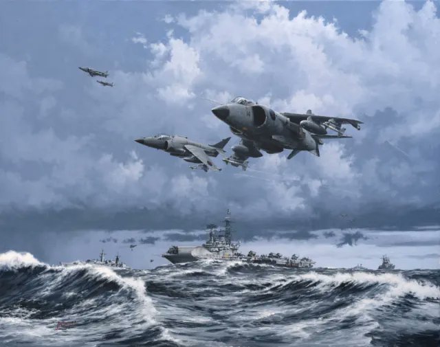 May 24th 1982: HMS Coventry & Broadsword, still on '42-22' picket duty north of the islands, pick up the next waves of Argentine Dagger jets approaching just around 11.00 and now Sea Harriers are launched from HMS Hermes to take them on...
