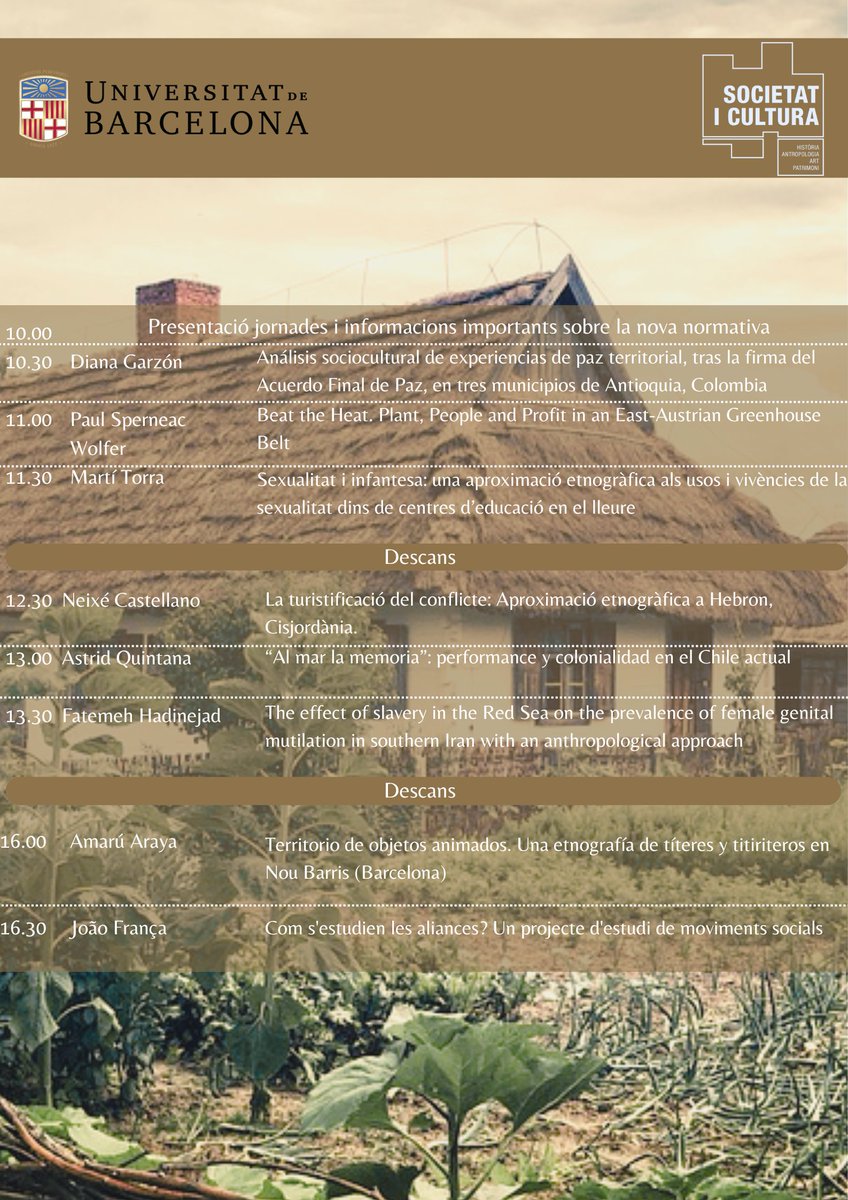 El pròxim 29 de maig tindran lloc les Jornades Doctorals de l'àmbit d'Antropologia a la <a href="/GH_UB/">Facultat de Geografia i Història UB</a>. 

Us hi esperem!