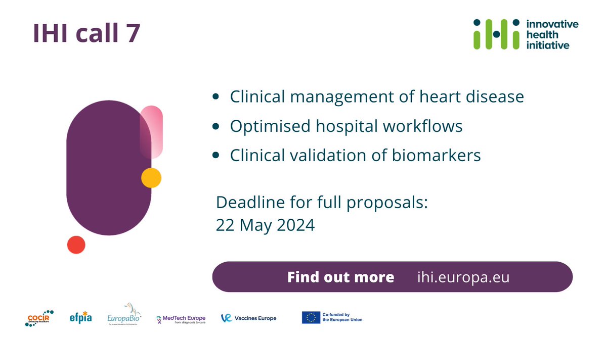 ⏰The deadline for #IHICall7 proposals was this week! This @IHIEurope call had topics on #heartdisease, the #healthcareworkforce & #biomarkervalidation. 👏28 proposals were submitted across these topics. Congratulations to all applicants! Learn more👉 ihi.europa.eu/apply-funding/…