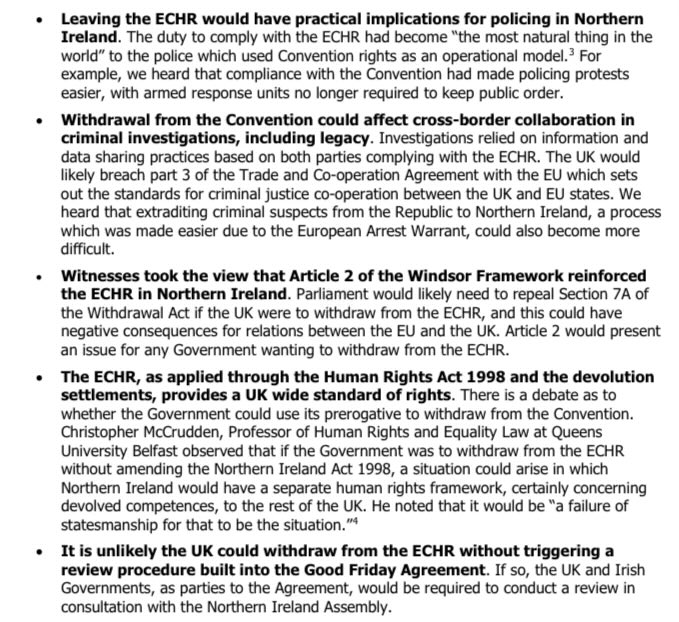 Election means Westminster committees have to rush out any conclusions to inquiries they’ve been holding, generally as a letter to the Minister. Here the NI Affairs Ctte summarise evidence they heard on ECHR withdrawal