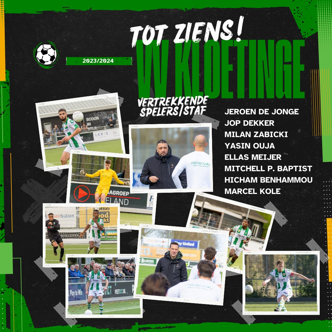 vvkloetinge's tweet photo. Tot ziens!💚🤍
Zaterdag de laatste competitiewedstrijd voor Kloetinge 1 in de 3e divisie, dat betekent ook het afscheid van een aantal spelers en stafleden. Bedankt en heel veel succes met jullie nieuwe (voetbal)uitdagingen!
Tot ziens!
#vvkloetinge #draagjeinjehart #groenwit https://t.co/WdveJcrHaF