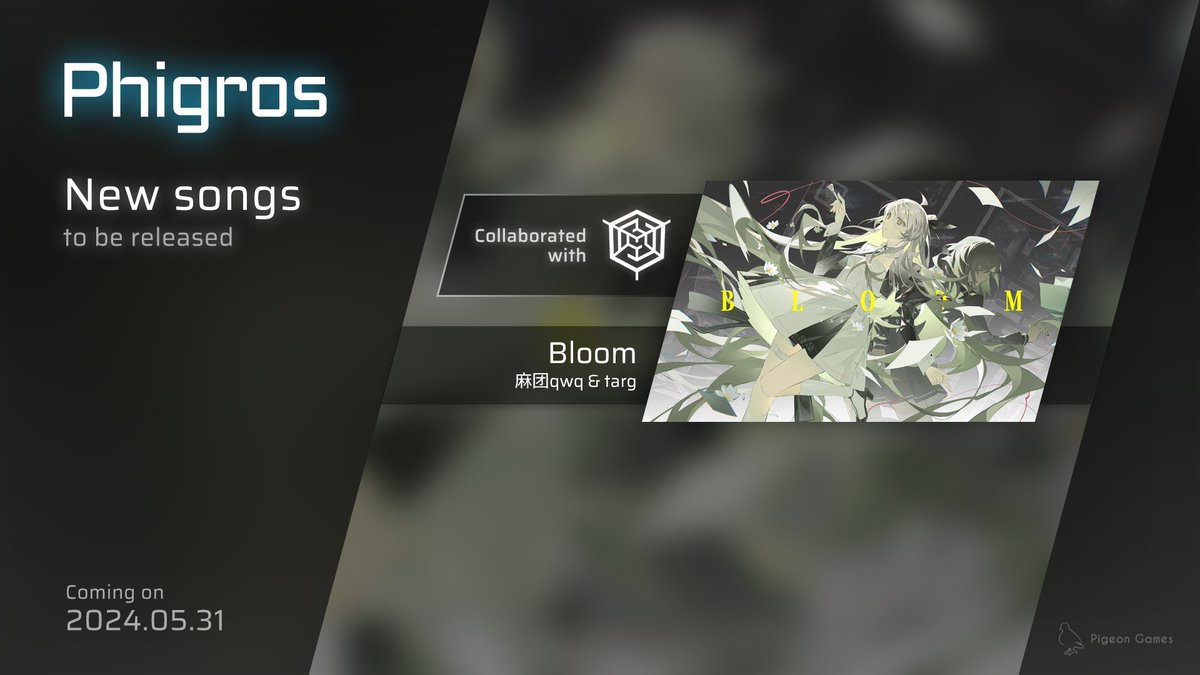 Phigros_PGS's tweet photo. [Phigros] New update will be released on 2024/05/31, featuring one collab song from [维度坍缩], an electronic music label from China.

The new song is:
•「Bloom」 by: 麻团qwq &amp; targ

Artwork by 注射
#Phigros #Pigeon_Games https://t.co/ptu0VYxKaQ