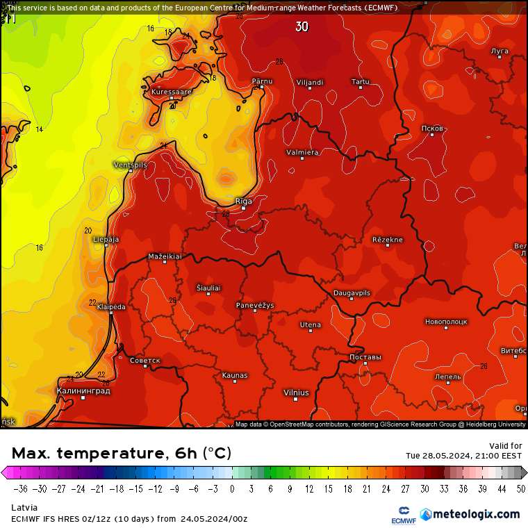 MeteoLatvia's tweet photo. 🌡️Latvijā aizsācies šī gada pirmais karstuma vilnis - temperatūra tuvākajās dienās daudzviet pakāpsies līdz +27°C...+29°C, savukārt naktīs neatdzisīs zemāk par +14°C...+18°C. Pēc aktuālajām prognozēm, šāds karstums turpināsies līdz pat maija beigām. Saktoties ilgākā termiņā - modeļu prognozes ir ļoti stabilas, un pieļauj iespējamību, ka karstums turpināsies arī jūnija sākumā.