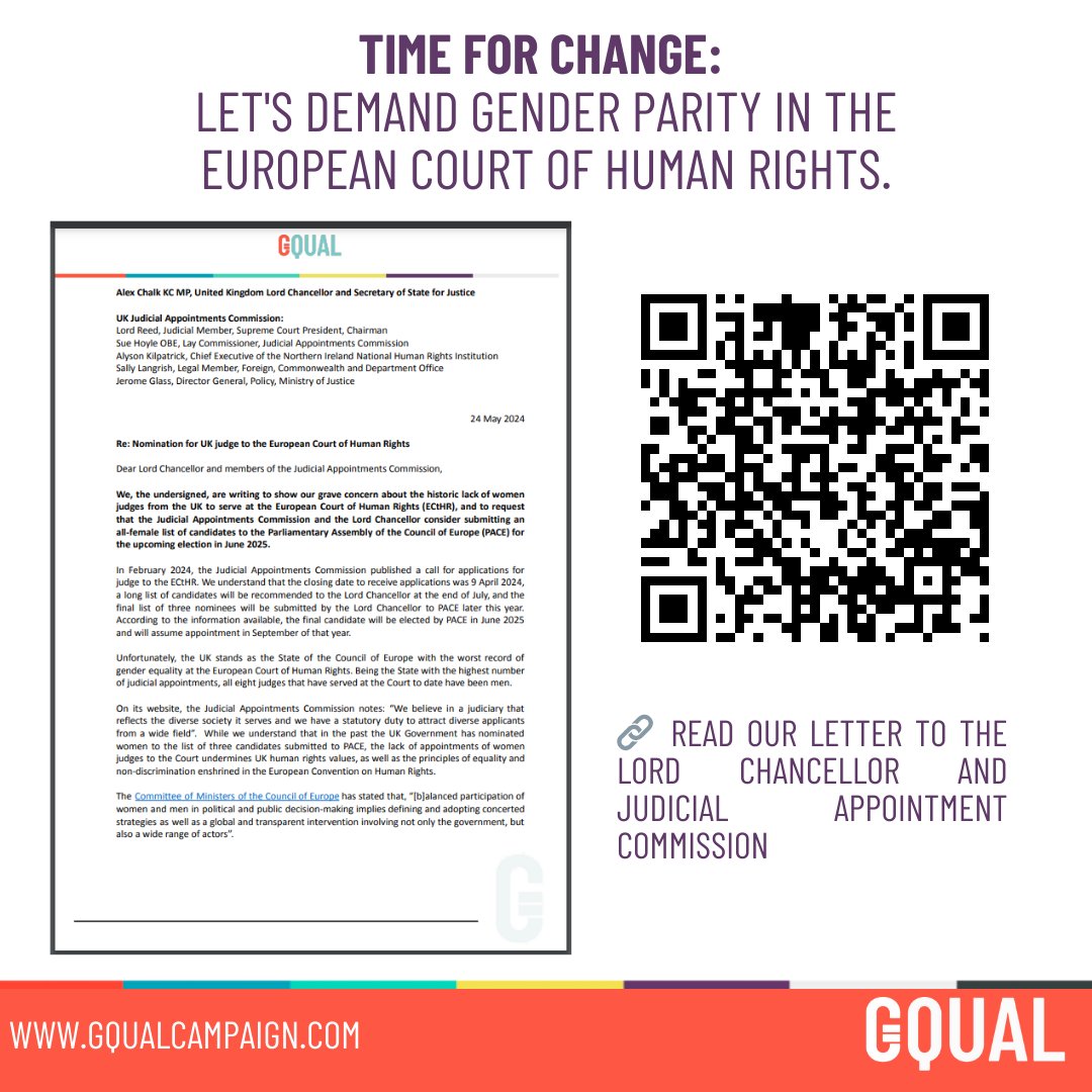 📣GQUAL and partners are calling on the UK to acknowledge the historic absence of women nominated by the UK and appointed judges at the <a href="/ECHR_CEDH/">ECHR CEDH</a> and consider submitting an all-female list of candidates for the next election. 
🔗Read our letter: gqualcampaign.org/gqual-campaign…
