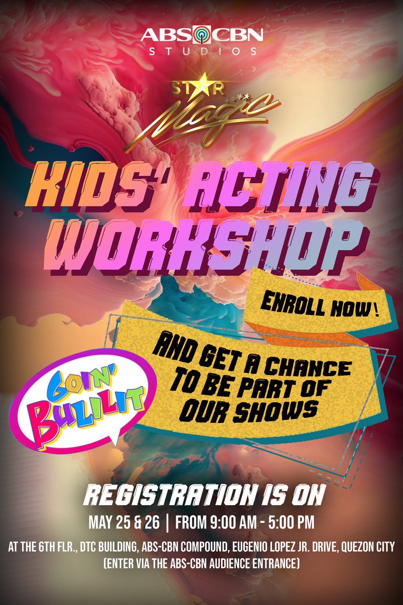 Let your kids shine this Star Magical Summer! Enroll in our fun and immersive Kids' Acting Workshop and get a chance to be part of our shows! Courses offered: Basic Kids Acting Advanced Kids Acting Registration is on May 25 and 26 at the ABS-CBN Audience Entrance from 9 am to