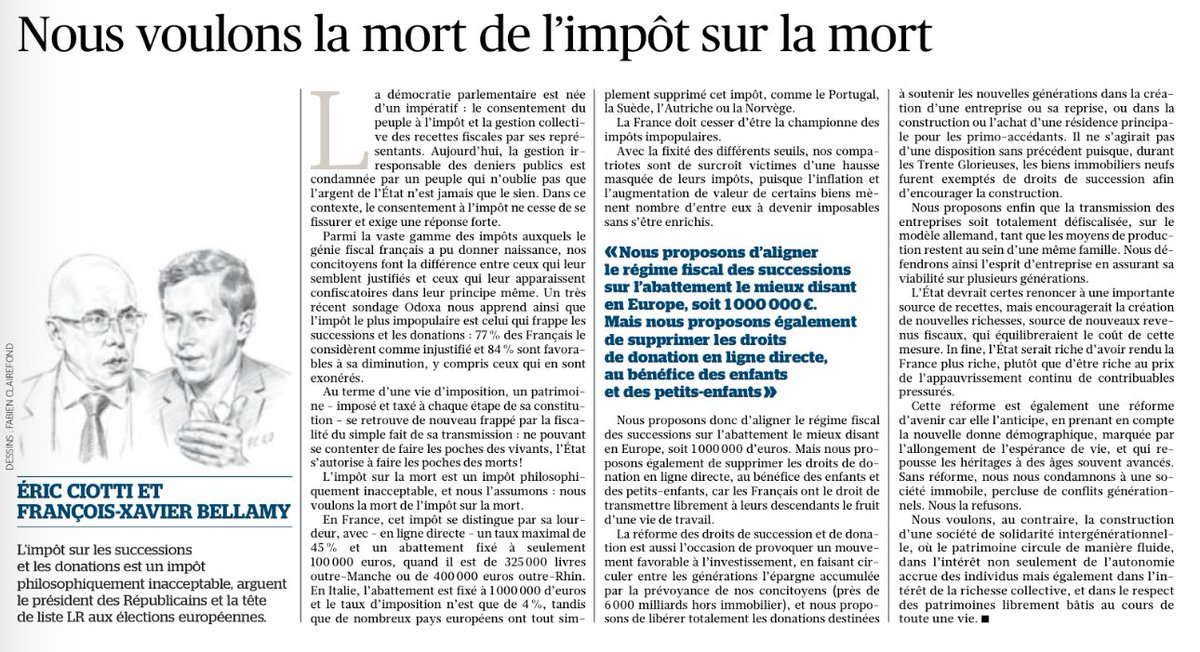 🗞️ Avec @fxbellamy, nous proposons la diminution de l’impôt sur les successions, cet impôt sur la mort. Retrouvez notre tribune dans @Le_Figaro.