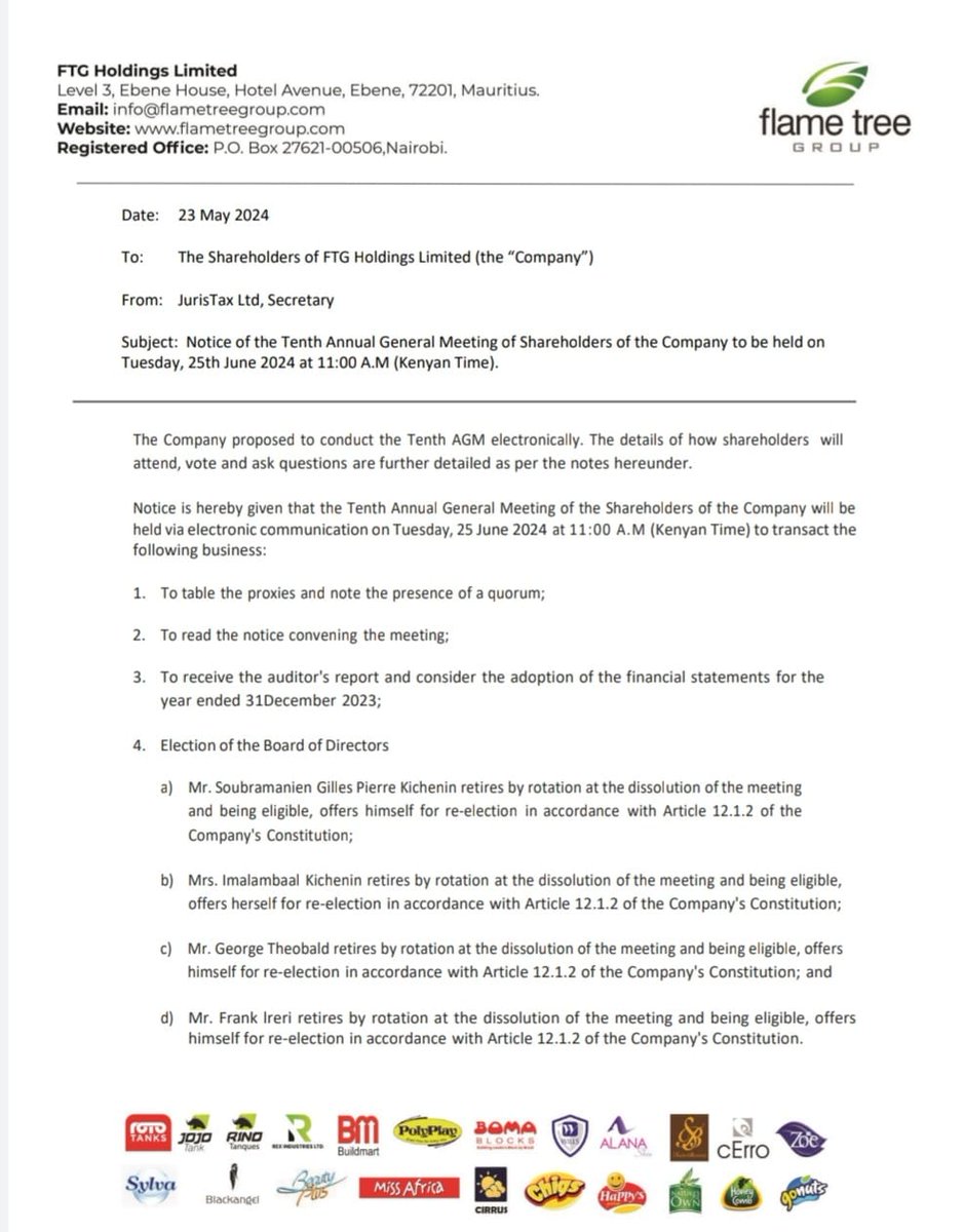 FlameTreeGroup's tweet image. NOTICE for our 10th AGM to be held on 25th June 2024