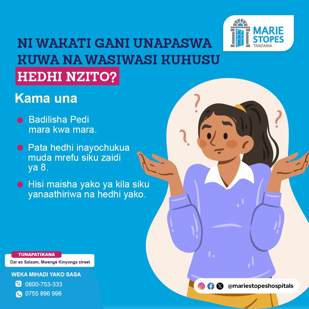 Je, Unapata hedhi Nyingi au Isiyo ya kawaida? . Karibu upate ushauri zaidi juu ya changamoto hiyo. Tupigie bure 0800753333 au chati nasi WhatsApp 0755896996 . #mariestopeshospitals #menstruation #menstrulcycle #tanzania