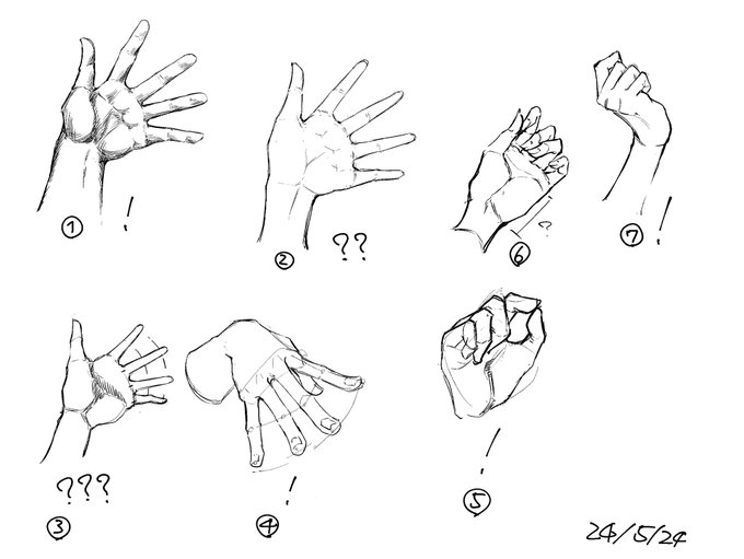 7個描いてみました。4と7はまだ楽に描けたんだけど、手のひらを描こうとすると激ムズになる…こりゃぁ特訓が必要だなあ… 