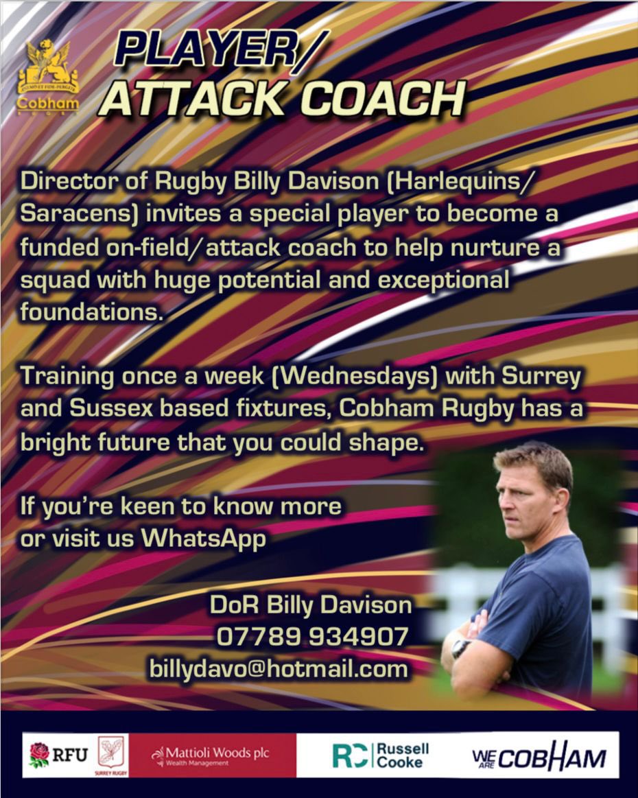 This could be the next challenge you’re looking for… We’re looking for a player/attack coach - is this you? Contact Billy on 07789 934907 or email billydavo@hotmail.com