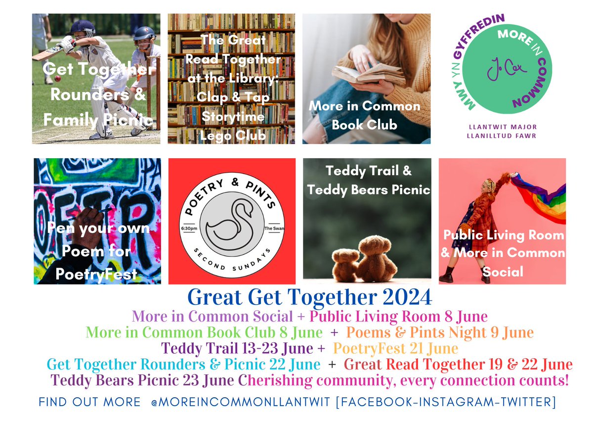 @moreincommonllantwit (@moreincommonll1) on Twitter photo It's #greatgettogether - how will you join in this June?
🎤📖✒️PoetryFest + Poems & Pints Night
✒️📖Great Read Together + Book Club 🫶
🫶More in Common Social + Public Living Room with <a href="/Camerados_org/">Association of Camerados</a>
🧸🏏Rounders & Picnic & Teddy Trail & Picnic It's #greatgettogether - how will you join in this June?
🎤📖✒️PoetryFest + Poems & Pints Night
✒️📖Great Read Together + Book Club 🫶
🫶More in Common Social + Public Living Room with <a href="/Camerados_org/">Association of Camerados</a>
🧸🏏Rounders & Picnic & Teddy Trail & Picnic