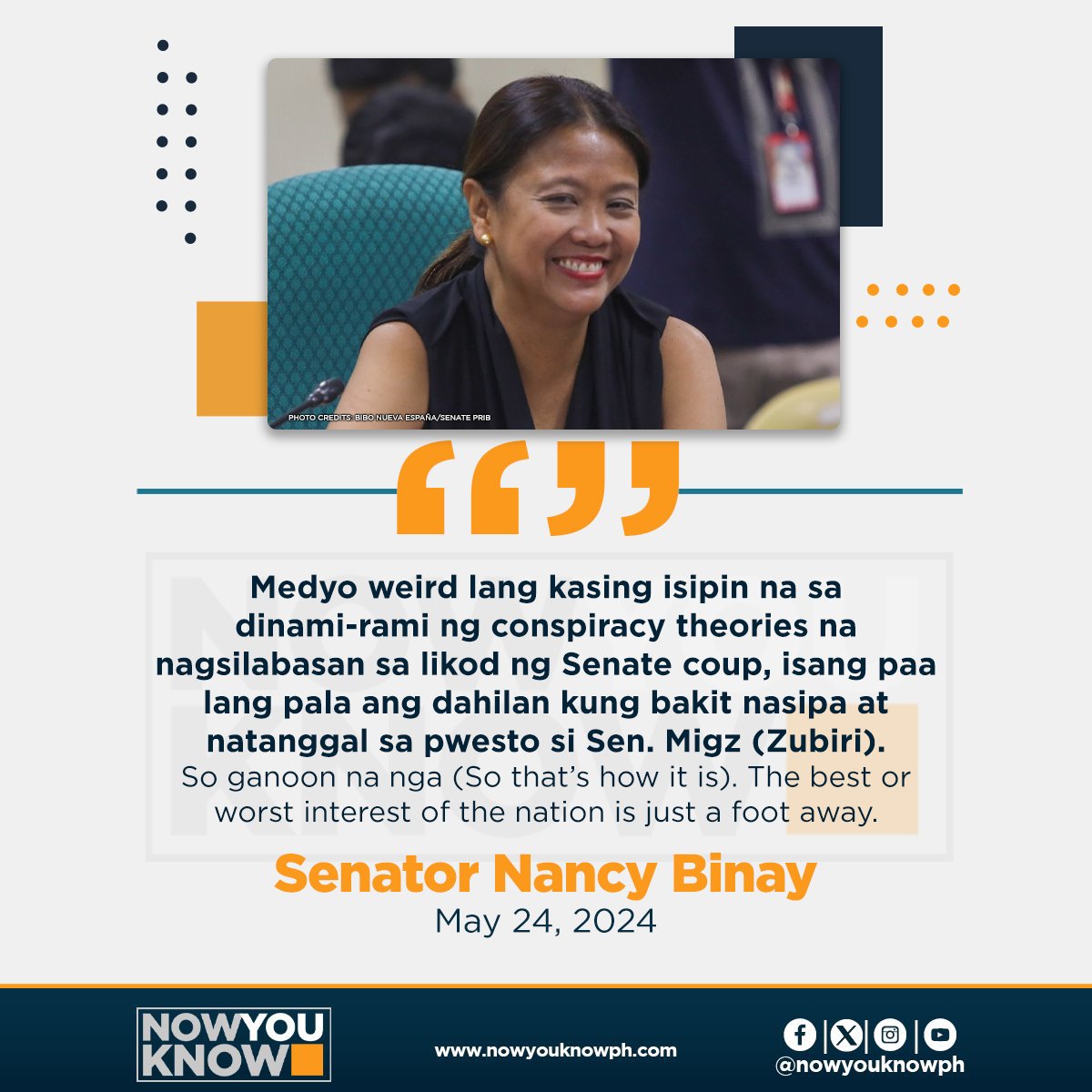 Senator Nancy Binay has poked fun at claims that the issue of Senator Ramon “Bong” Revilla Jr.’s injured foot led to former Senate President Juan Miguel Zubiri’s ouster. READ: tinyurl.com/yc7rr2hw 📰 Inquirer.net