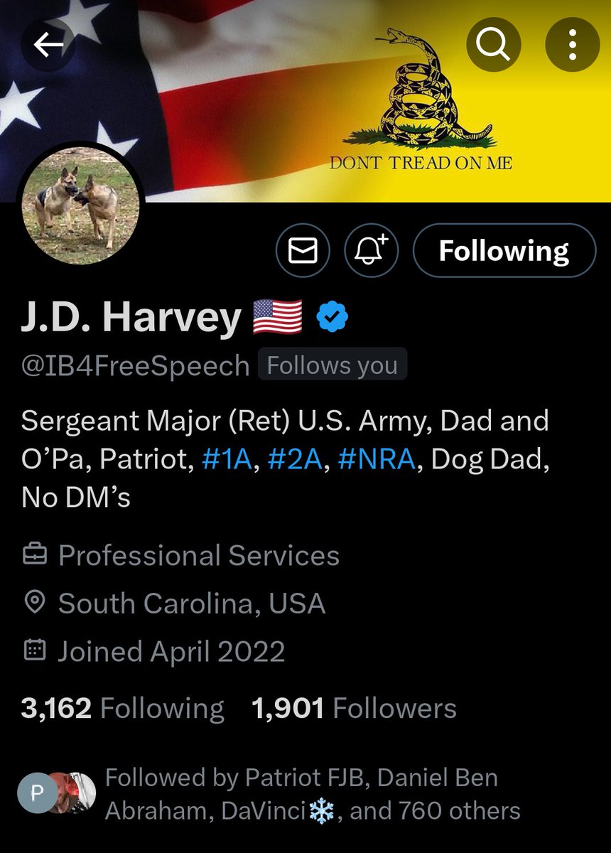Hey 🇺🇸 America help push this Army Veteran to 2000 followers. J.D. Harvey @IB4FreeSpeech Is an awesome Father and Grandfather. He's big in 1A and 2A protection. Come on 🇺🇸 America show this Army Veteran what 🇺🇸 America can do. Get him to 2000 followers. #RangersVetsAndLEOs