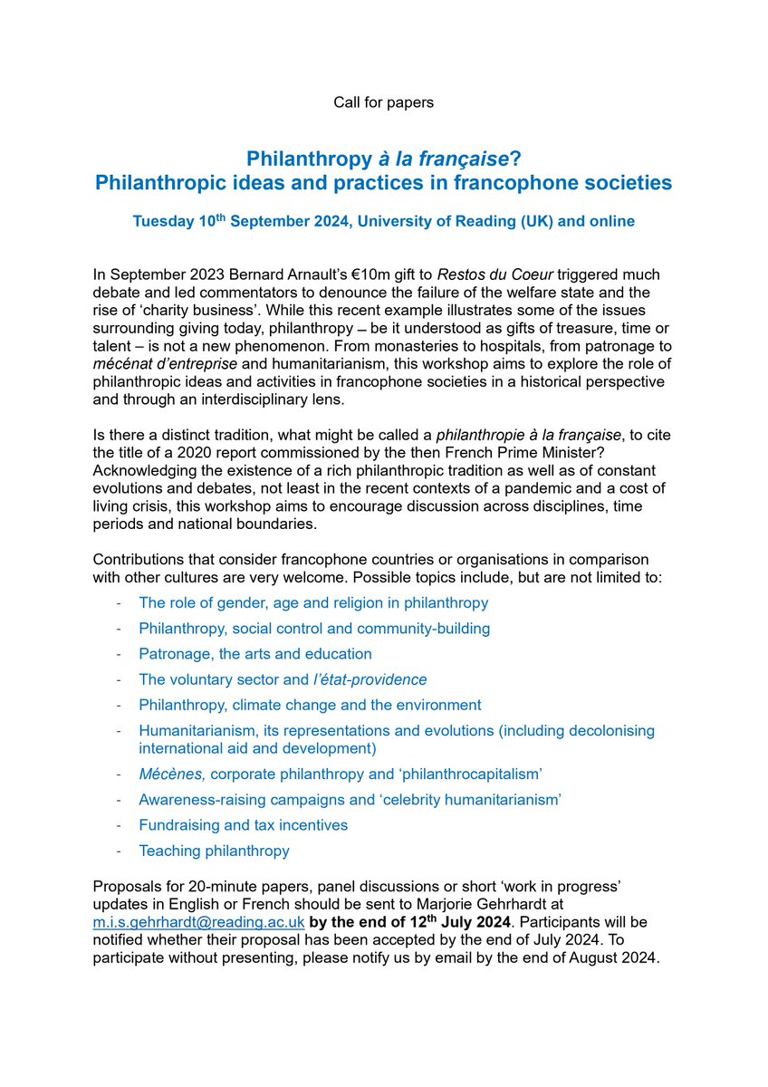 Does your research, teaching or work touch upon philanthropic ideas and practices in the francophone world? Are you interested in the evolution of humanitarianism, charity, bienfaisance etc.? If so get in touch! (longer/FR version of below CfP on request)