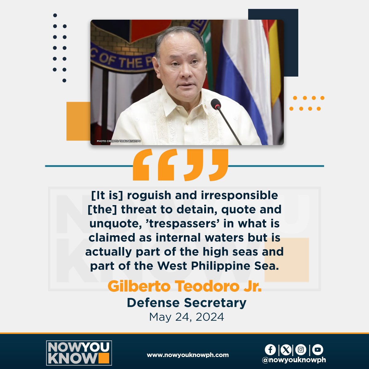 Defense Secretary Gilberto Teodoro Jr. on Friday called “roguish” and “irresponsible” Beijing’s anti-trespassing policy. READ: tinyurl.com/5xrfmuyt 📰Inquirer.net