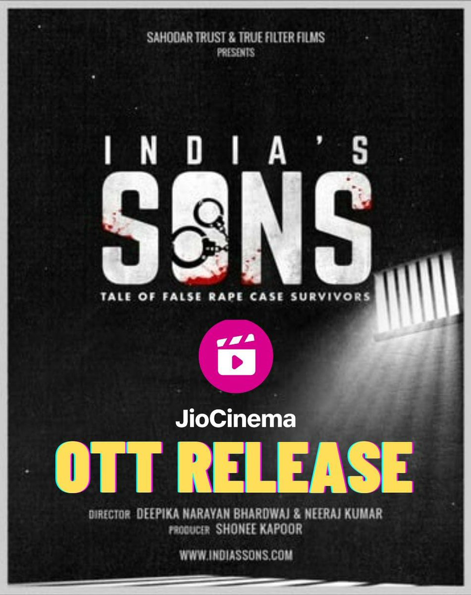 Delighted to announce that our work of extreme labour, our documentary film @IndiaSons telling true stories of lives of men falsely accused of Rape is now streaming on @JioCinema LINK : jc.fm/fRhd/fi8wkjmh PLEASE WATCH, SHARE & AMPLIFY 🙏 @ShoneeKapoor @DirectorNeerajK