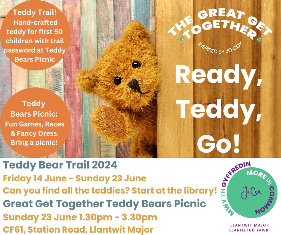 Calling families! 
🧸Ready, Teddy, go! Find all the teddies hiding in our town trail. Start at fab <a href="/llantwitlibrary/">Llantwit Library / Llyfrgell Llanilltud</a>  14 - 23 June
🧸Teddy Bears Picnic [23/6] Games, races, facepainting, fancy dress optional! 
Just bring a picnic  🫶