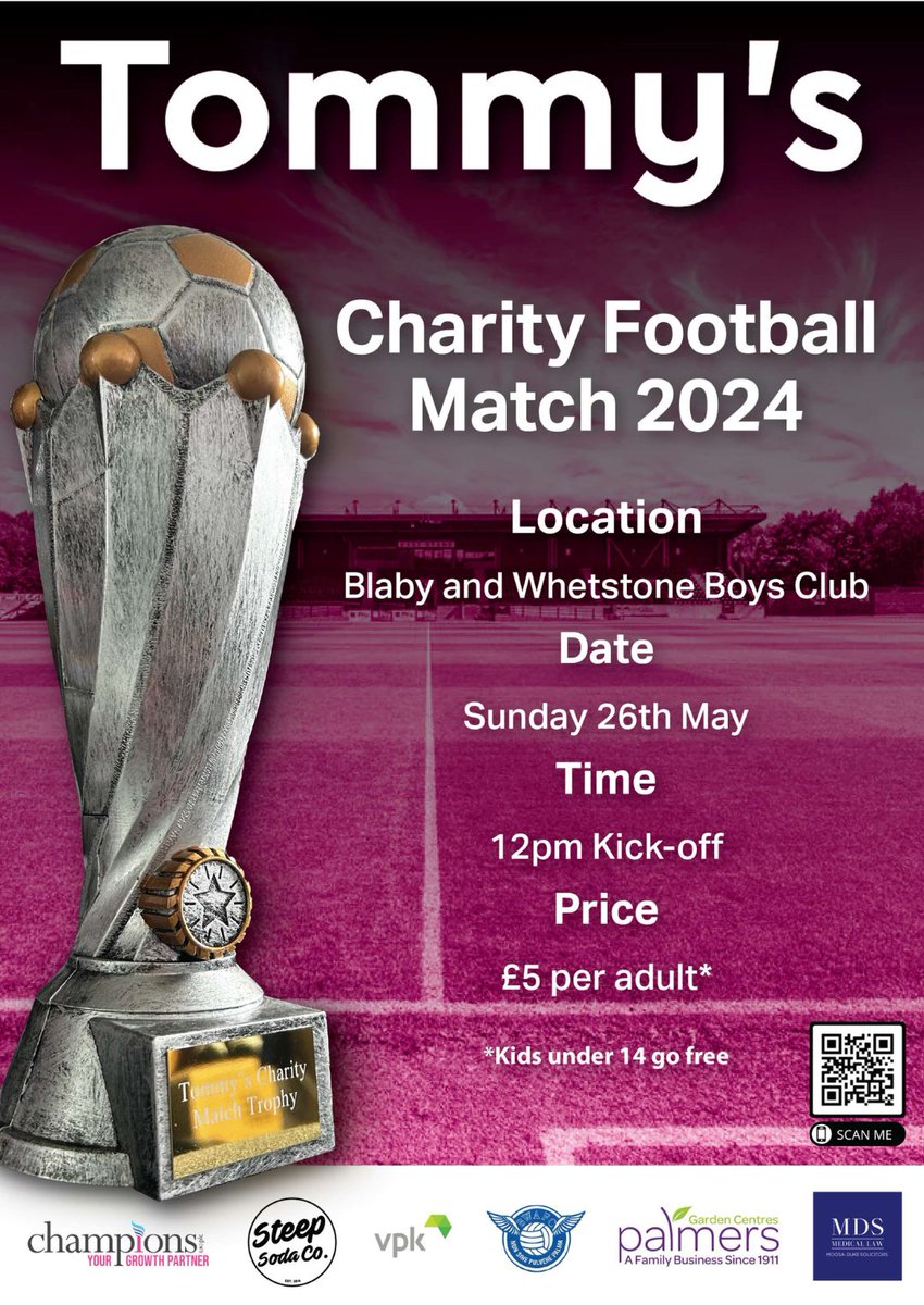 We are pleased to be supporting a charity football match on Sunday at Blaby and Whetstone Boys Club kick off at 12pm ⚽ ⚽ ⚽The match is raising money for <a href="/tommys/">Tommy's</a>. If you are free on Sunday please come down and support the match! #football  #maternity #charity #footballmatch
