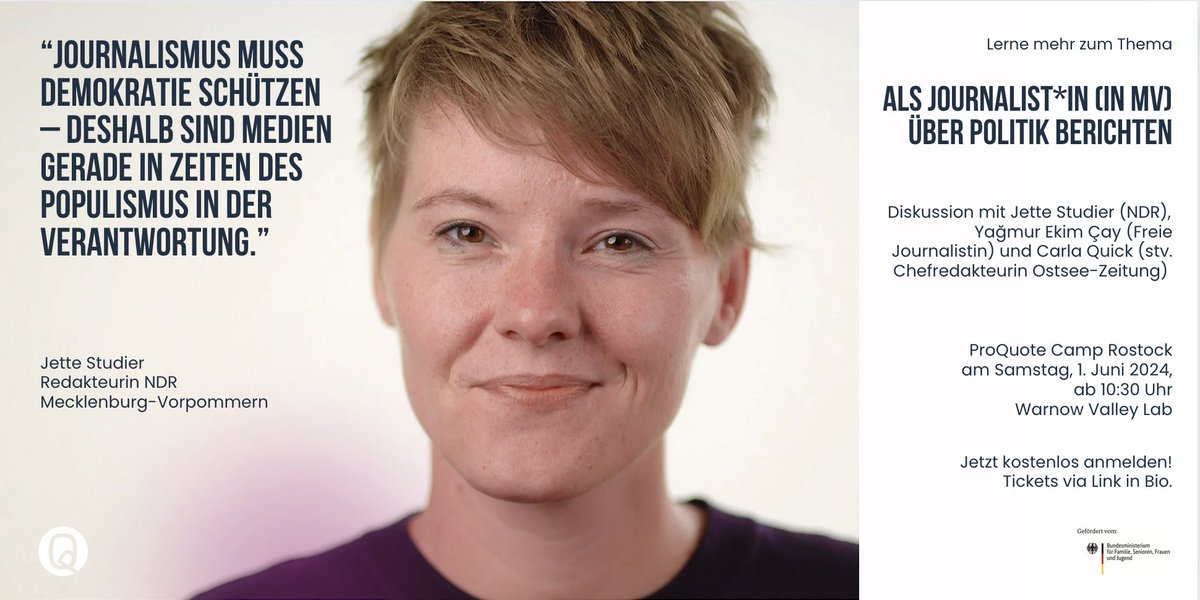 Spannende Diskussion beim #ProQuoteCamp:
ALS JOURNALIST*IN (IN MV) ÜBER POLITIK BERICHTEN mit <a href="/jettestudier/">Jette Studier</a>/<a href="/ndr/">NDR.de</a> Mecklenburg-Vorpommern
@yagmurekimcay / Freie Reporterin
#CarlaQuick / stv. CR der <a href="/ostseezeitung/">ostseezeitung</a> 

 📆 1.6.2024, ab 10:30
Kostenlose Tickets: pro-quote.de/proquote-camp/