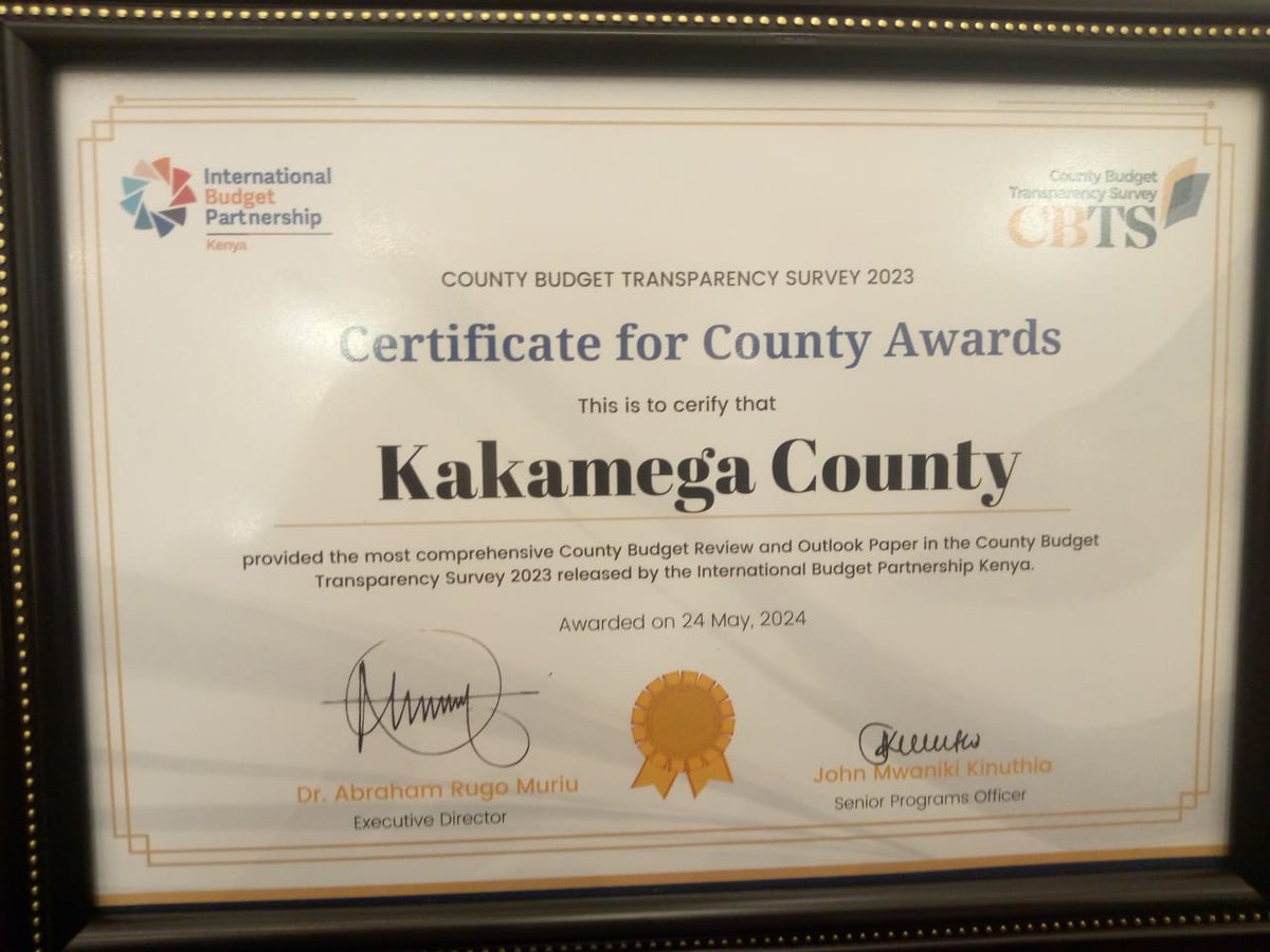 Congratulations to <a href="/Kakamega_037/">County Government of Kakamega</a> for having the best county budget review  and outlook  paper  in the whole country scoring at 97 %. This is a consistent improvement.