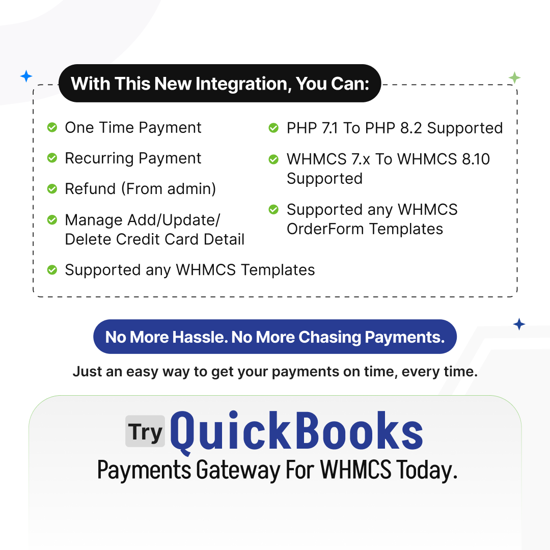 Imagine managing all your financial transactions in one place.

No more headaches. No more manual work.

Introducing QuickBooks Payment Gateway for WHMCS.

Buy Now: 👉🏻bit.ly/3UTxkKC

#whmcs #whmcsmodule #quickbook #whmcspaymentgateway #automation #billing #whmcsgateways