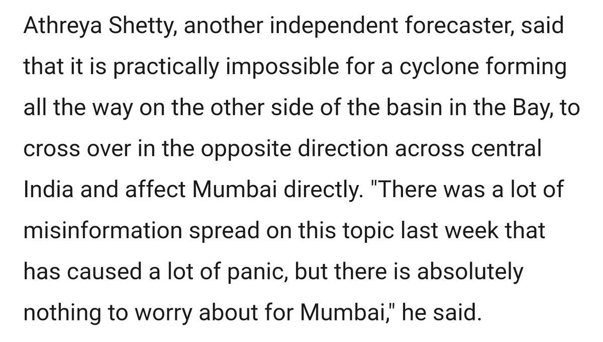 As mentioned a week ago, a CYCLONE is NOT coming to #Mumbai this week! Do not believe in baseless rumours #Mumbaikars Debunked the rampant misinformation in TOI today 👇 Thanks @richapintoi for helping to quash the rumours timesofindia.indiatimes.com/city/mumbai/ta…