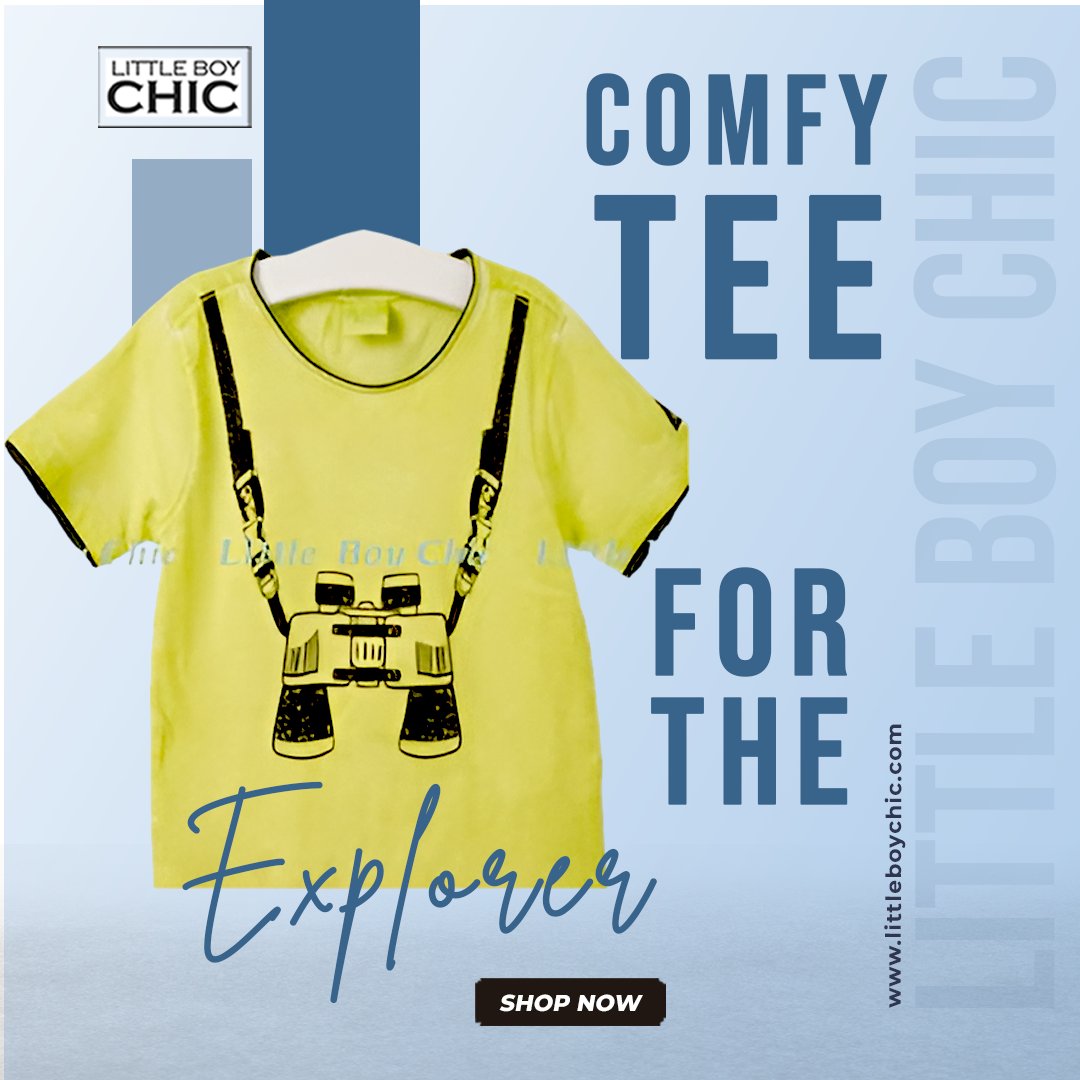This lovely little tee is made with 100% Indian cotton. Playful hint of exploration in the binocular graphic draped around its neck. Your boy will love it, for sure.
Shop now: LittleBoyChic.com

#GraphicTee #Exploration #BoysClothes #LittleBoyChic #ShopNow #USA #California