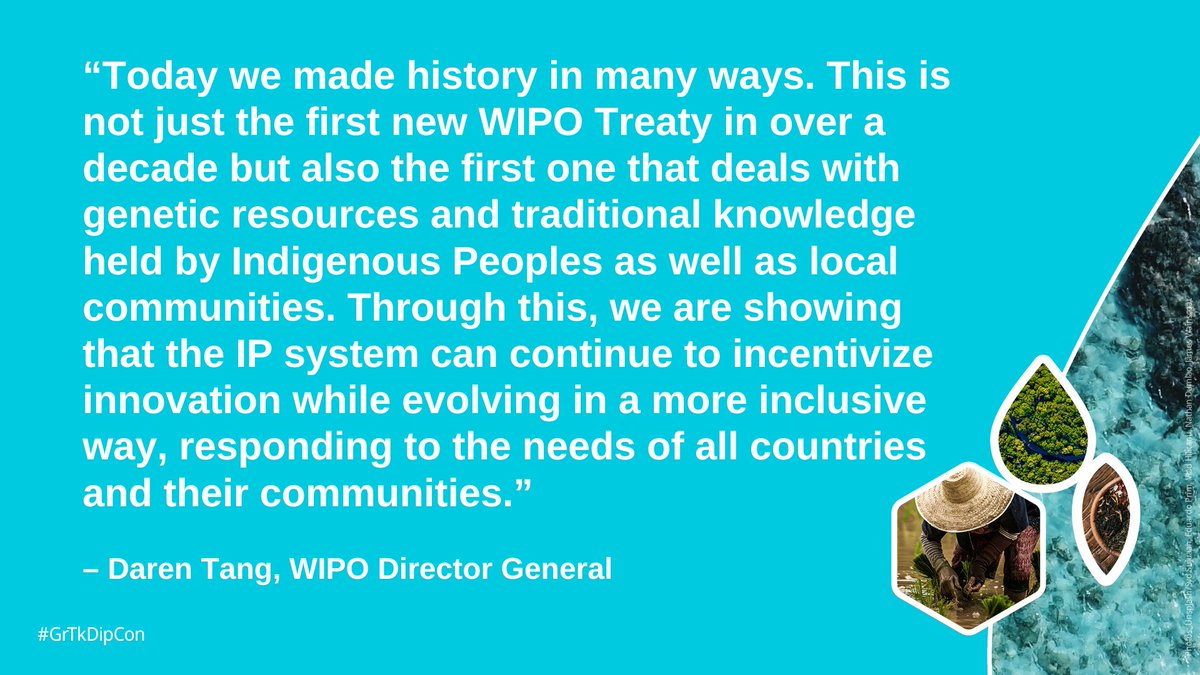 WIPO Director General Daren Tang welcomes the adoption of historic new Treaty on intellectual property, genetic resources and associated traditional knowledge ⬇️ More: ow.ly/lfnu50RTE9Q. #GrTkDipCon