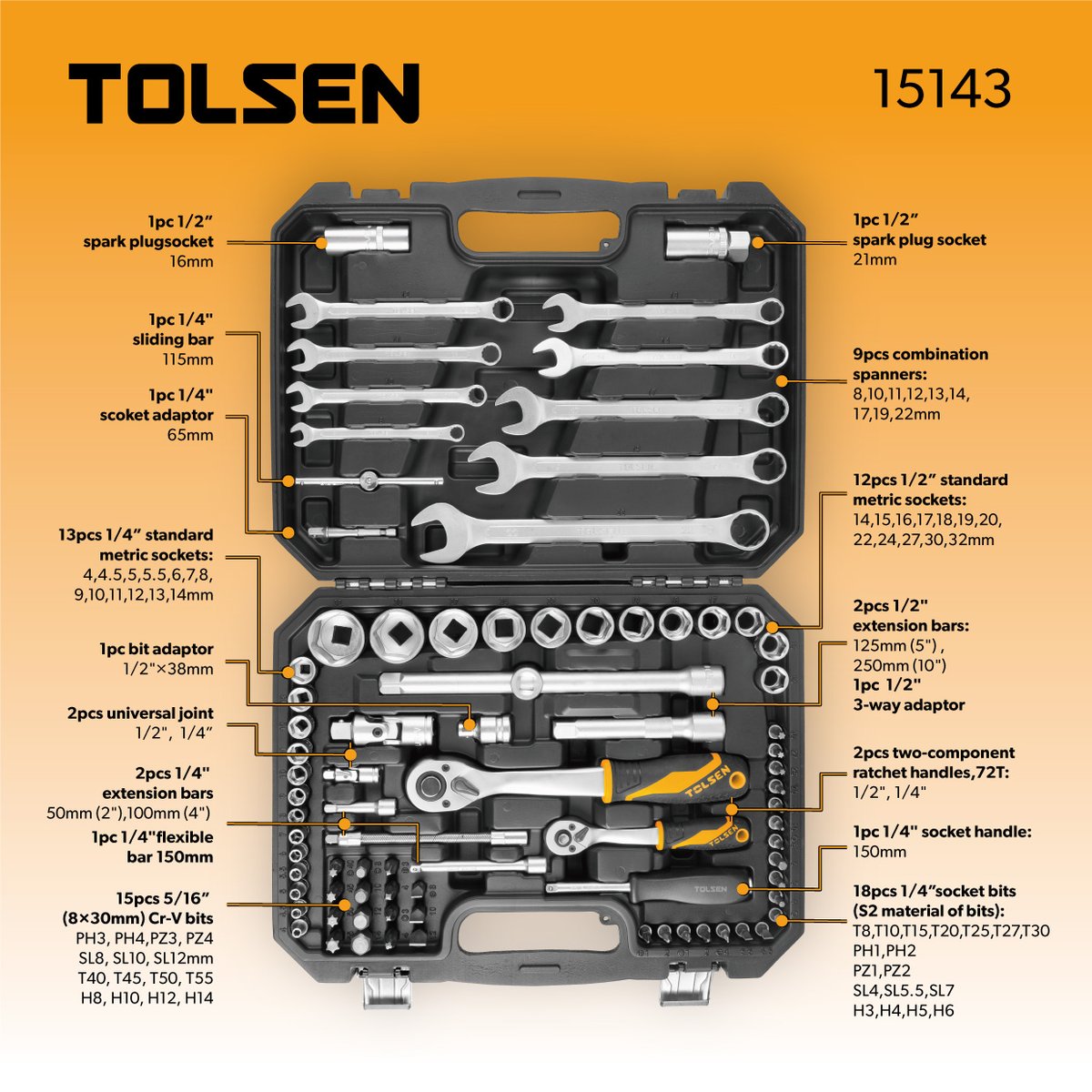 Newest Arrival!👏 Welcome to consult our sales and local distributors to order TOLSEN 82Pcs 1/2' + 1/4″Socket Set. TOLSEN 15143: bit.ly/3yq7c2f #tolsen #tolsentools #socketset #toolbox #toolset #toolkit