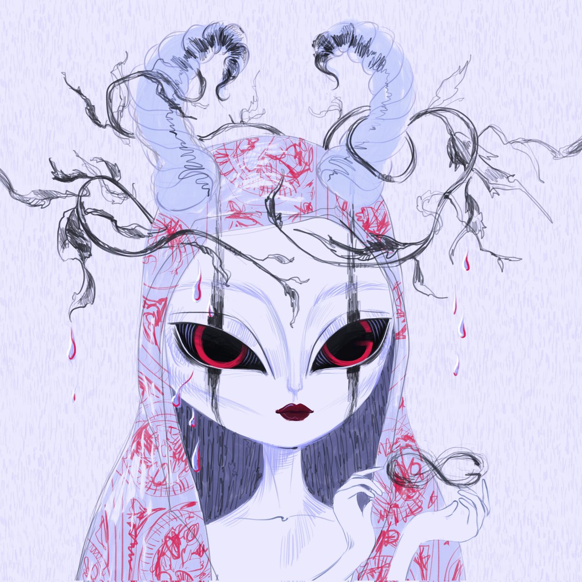 In the depths of dark eyes lies a red gleam, the song of withered flowers hidden among the folds of a silk robe, and dried vines tangled around a horn-crowned head. Here is the spirit of withering, causing everything to fade so it can be reborn anew <a href="/OGW_community/">OG Women/Apocalypse/WP</a> #apokalypseNFT