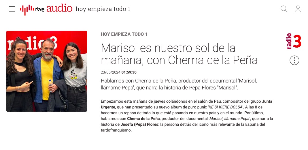 Hablamos con #ChemadelaPeña, productor del #documental #MarisolllámamePepa , que narra la historia de #PepaFlores #Marisol .
👉acortar.link/VdsKuu👈 vía @rtve 
@radio3_rne @saraofilms @CinesRenoir @CREASGR @FlixOle @PRevolutionCOM #Radio3 #cine #Pelicula #estreno