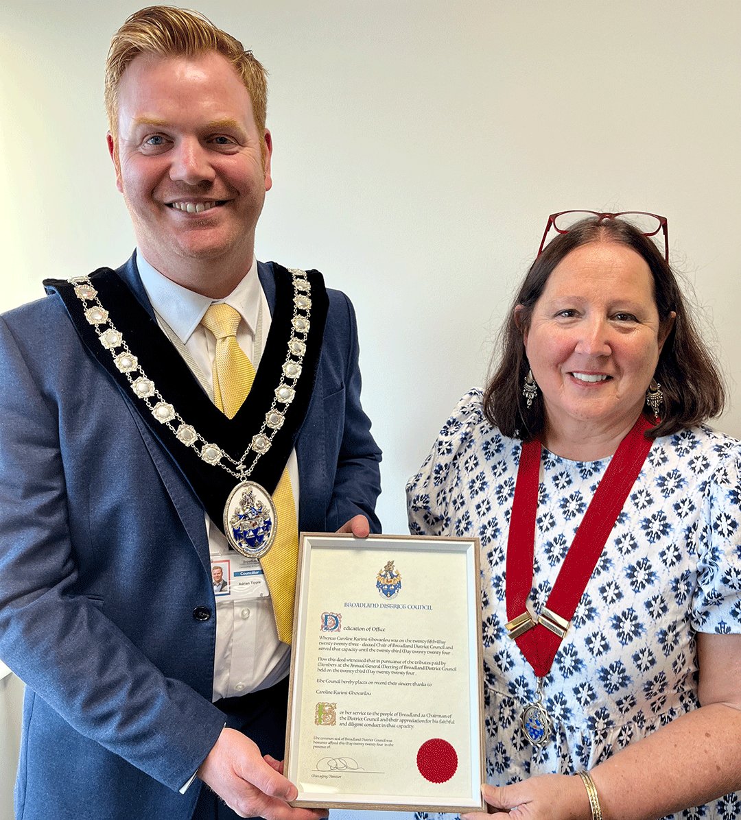 Last night at Broadland District Council’s AGM Cllr Adrian Tipple was elected as the new Chair of the Council. Cllr Tipple presented Cllr Caroline Karimi-Ghovanlou with a testimonial in recognition of her services to the Council, as Chair.