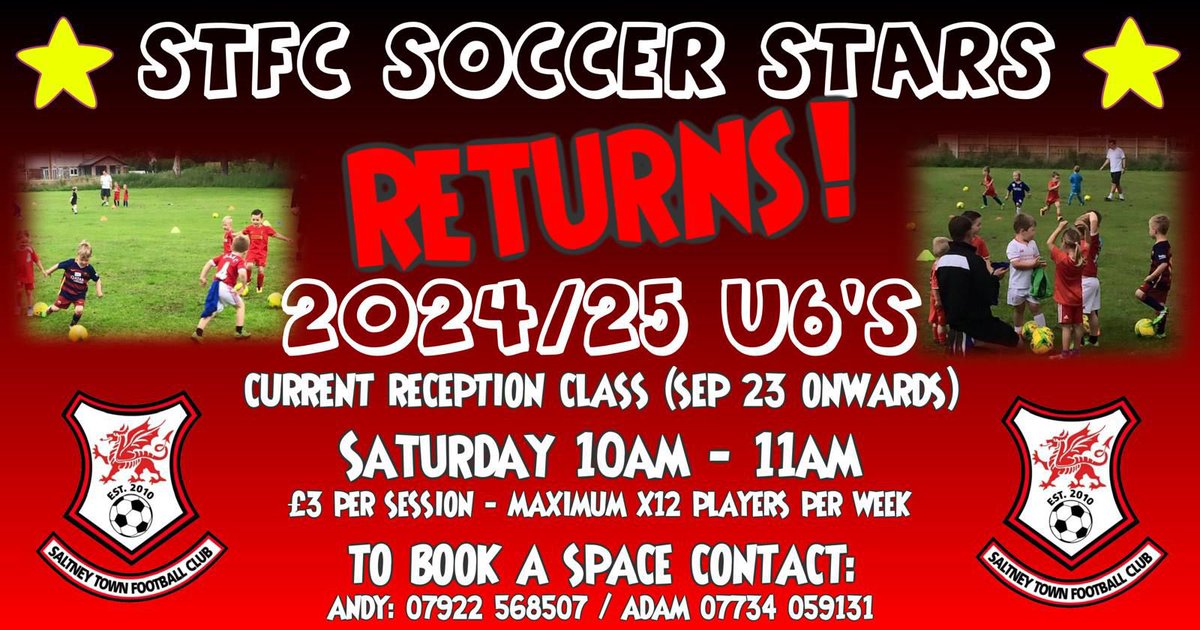 🚨STFC Soccer Stars 🚨 Throughout the summer we will be holding U5’s training sessions on a Saturday morning for kids currently in reception. These sessions are to introduce new players to the game, with the hope of entering a team into next seasons U6’s Booking required 🔴⚫️