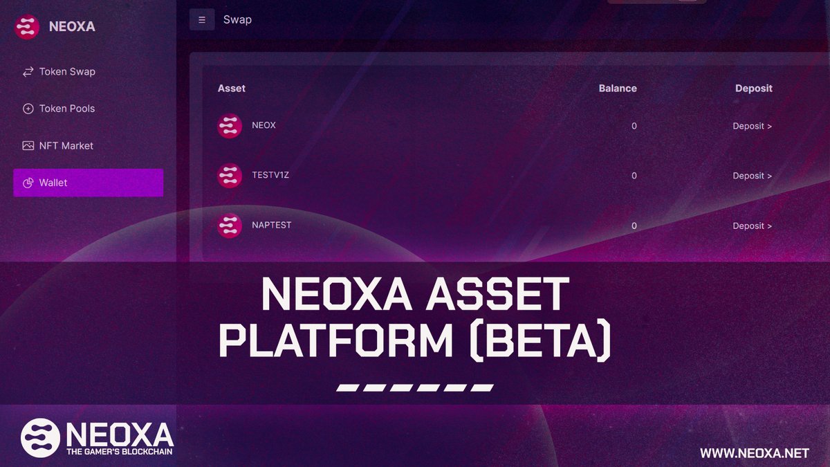 We're nearing the testing phase for the Neoxa Asset Platform (NAP). Get a head start by registering at nap.neoxa.net/swap. You can deposit NAPTEST or NEOX, but please keep deposits small as we finalize trading functionalities. #crypto #blockchain