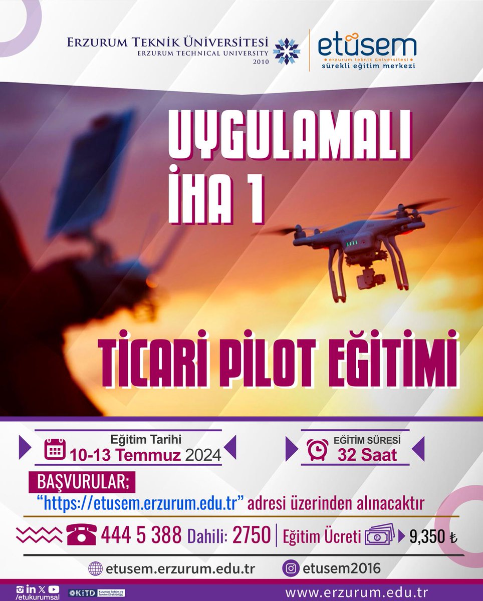 Merkezimiz tarafından 10-13 Temmuz 2024 tarihleri arasında  düzenlenecek olan İHA 1 Ticari Pilot Eğitimi başvuruları başlamıştır. Başvurularınızı etusem.erzurum.edu.tr üzerinden yapabilirsiniz.