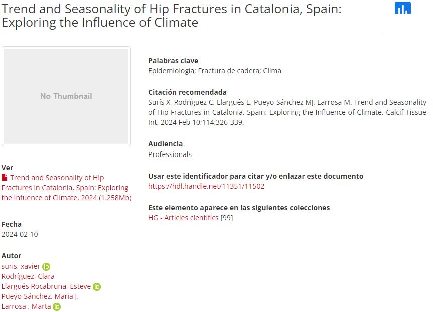 Trend and Seasonality of Hip Fractures in Catalonia, Spain: Exploring the Influence of Climate scientiasalut.gencat.cat/handle/11351/1… @hggranollers @recercafphag #Scientia #Openaccess #reumatologia #medicinainterna