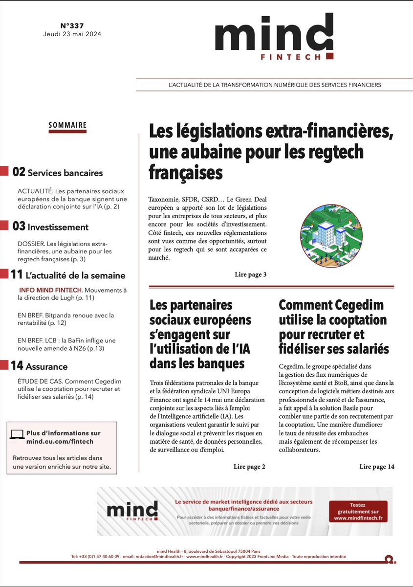 📯 [Hebdo n°337] Au sommaire
👉 lnkd.in/eXf-fAgM

☑️ Les législations extra-financières, une aubaine pour les regtech
☑️ Les partenaires sociaux de la banque signent une déclaration sur l’IA
☑️ Comment <a href="/CegedimGroup/">Cegedim Group</a> utilise la cooptation pour recruter ses salariés